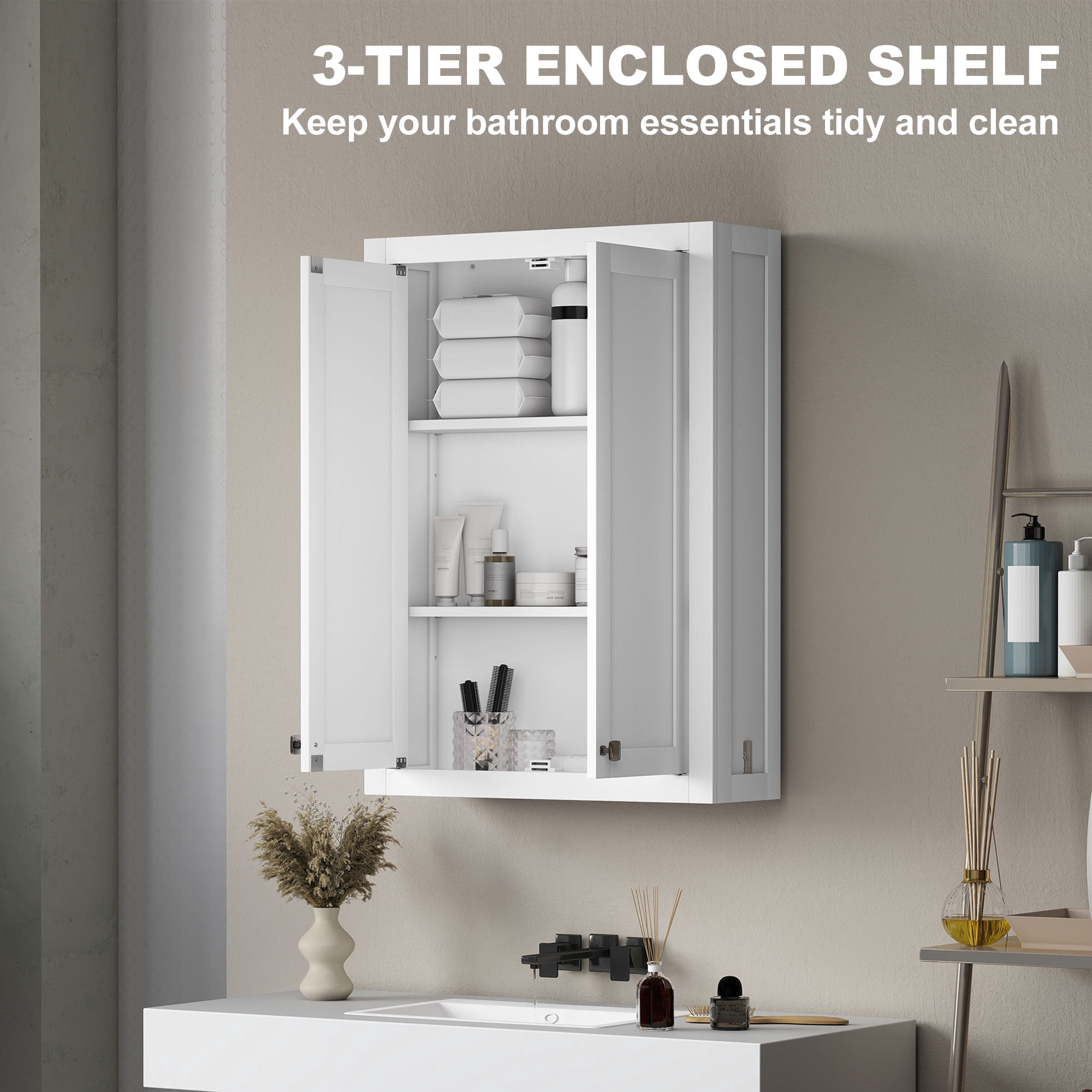 Bathroom Cabinet, Wall-Mounted, White MDF, 24 in W x 7.9 in D x 33.1 in H