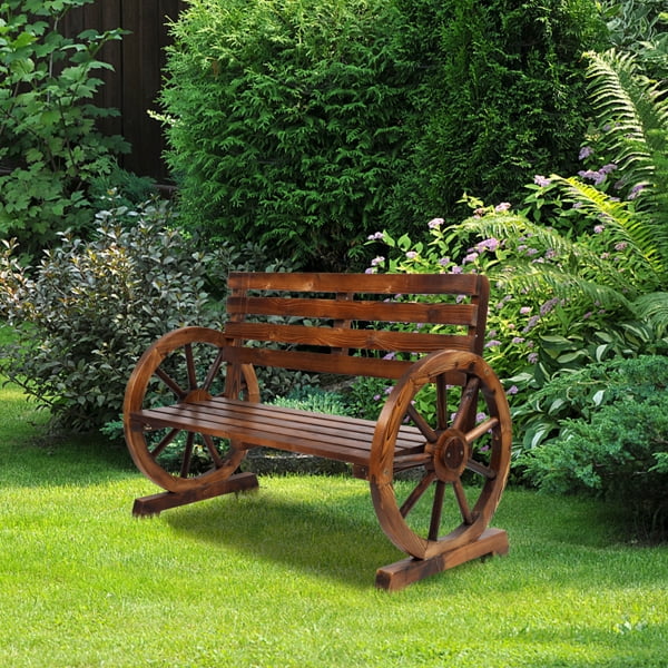 Alvantor Rustic 2-Person Wooden Wagon Wheel Outdoor Bench, Solid Fir Wood, Dark Brown