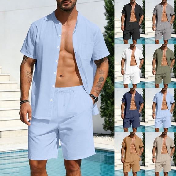 VBTAPA Mens 2 Piece Cotton Linen Outfits Summer Beach Matching Sets Short Sleeve Button Down Shirts and Shorts Set with Pockets Khaki XL