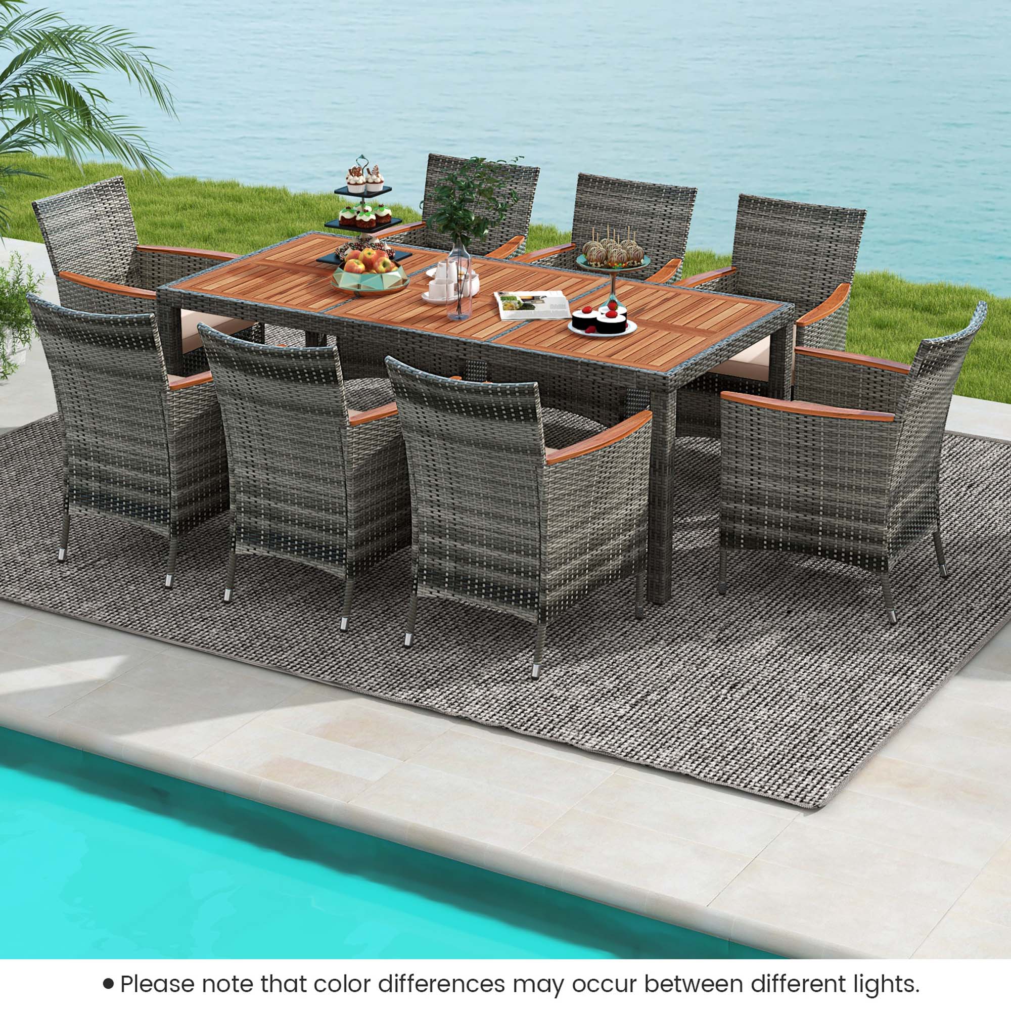 Costway 9PCS Patio Rattan Dining Set Acacia Wood Table Cushioned Chair Mix Gray - image 4 of 10