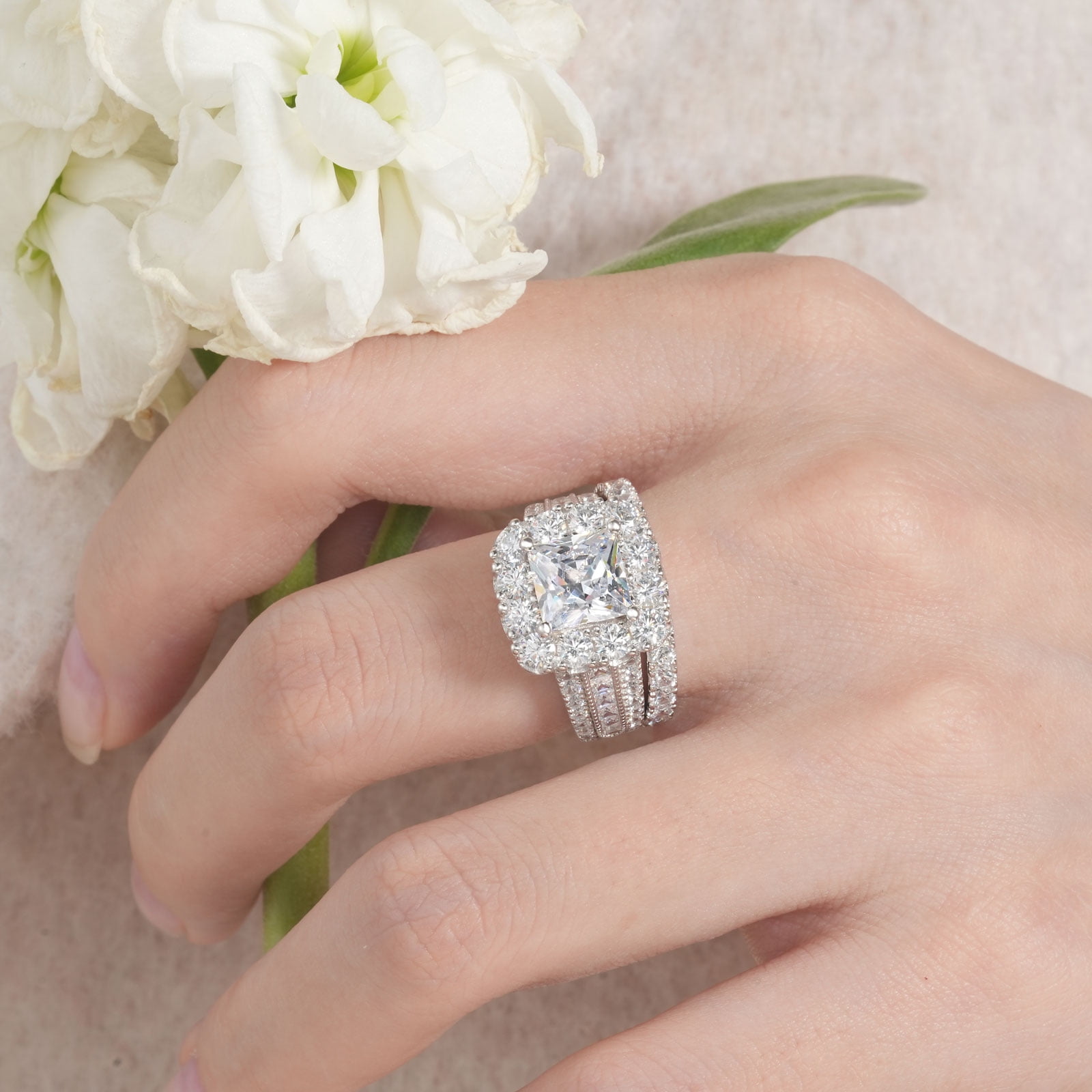 SHELOVES Vintage Style Princess Halo AAAAA CZ Wedding Engagement Ring Sets for Women 925 Sterling Silver Size 7