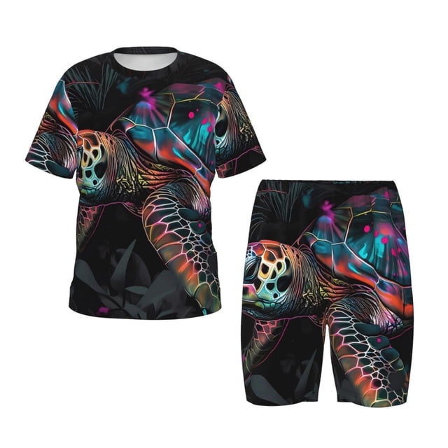 Fotbe Colorful Plant Turtle A Pijama Estampada de 2 Piezas para Niños – Ropa de Dormir de Manga Corta Cómoda para Niños y Niñas, Camiseta y Shorts de Algodón-Medium