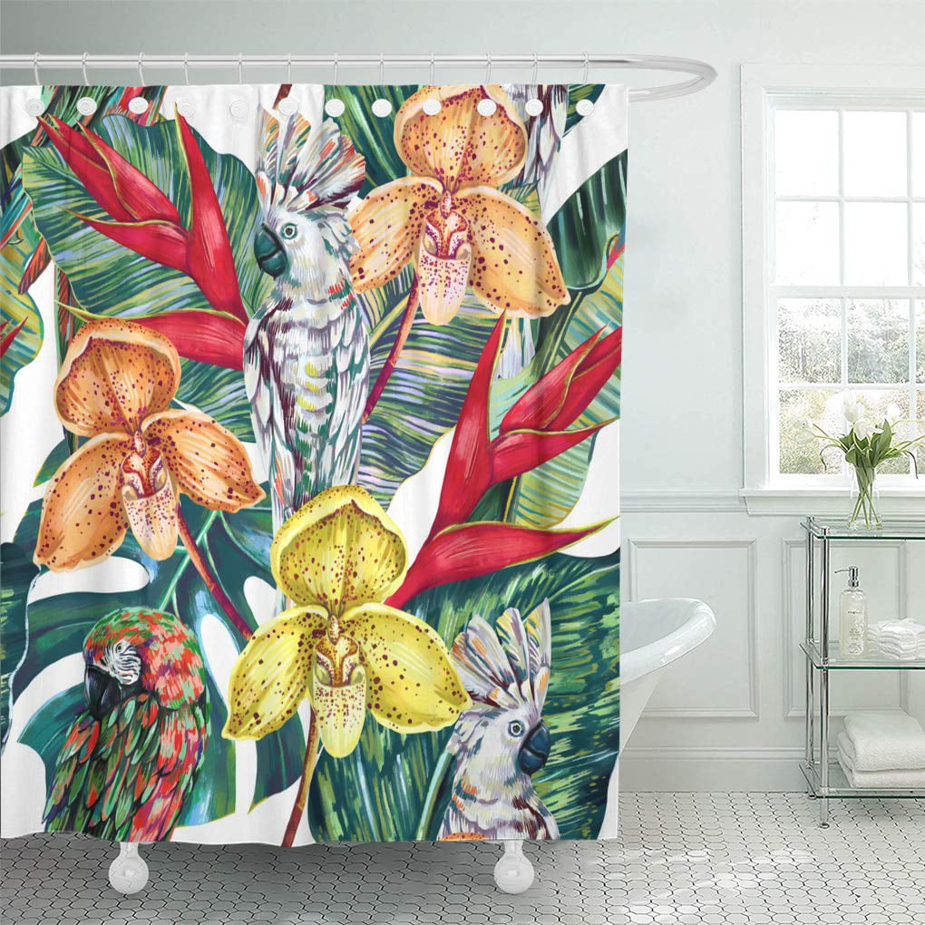 Summer Exotic Floral Tropical Palm Waterproof Fabric Bath Shower Curtain 12Hooks 