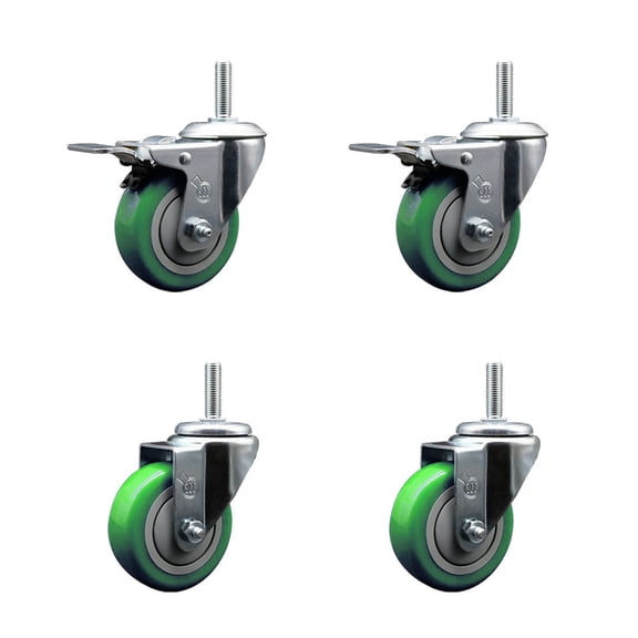 3.5 Inch Green Poly Swivel 5/8 Inch Threaded Stem Caster Set 2 Total Lock Brakes