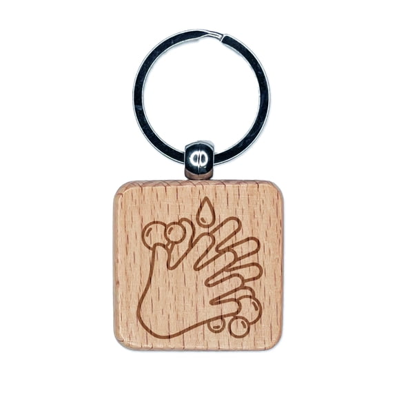 Wash Hands Square Keychain Charm Tag - Engraved Wood