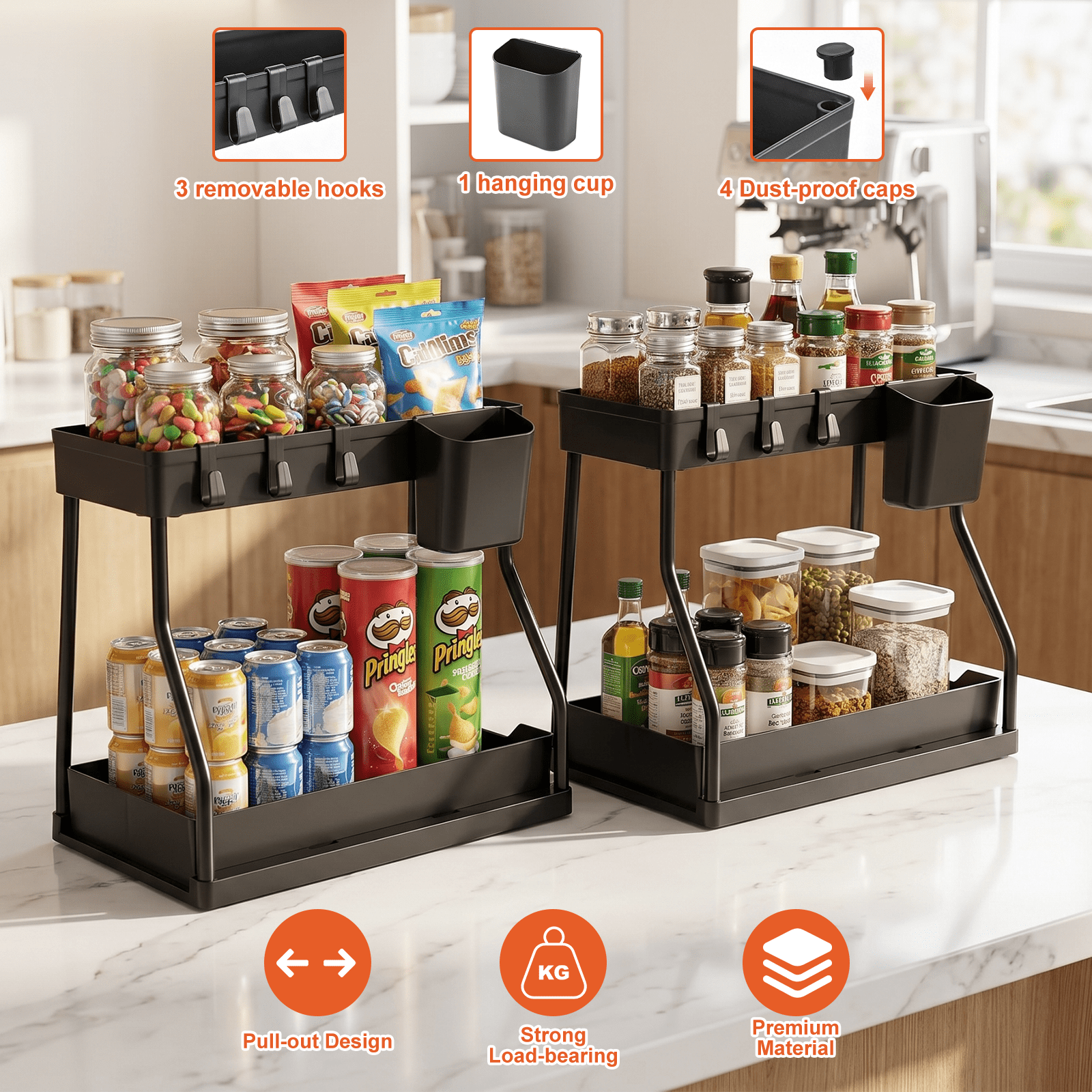 2 Pack Under Sink Organizer, 2 Tier L-Shaped Pull Out Cabinet Organizer for Kitchen and Bathroom, Space Saving Sliding Drawer Storage Rack, Durable Plastic Narrow Space Shelves, Black