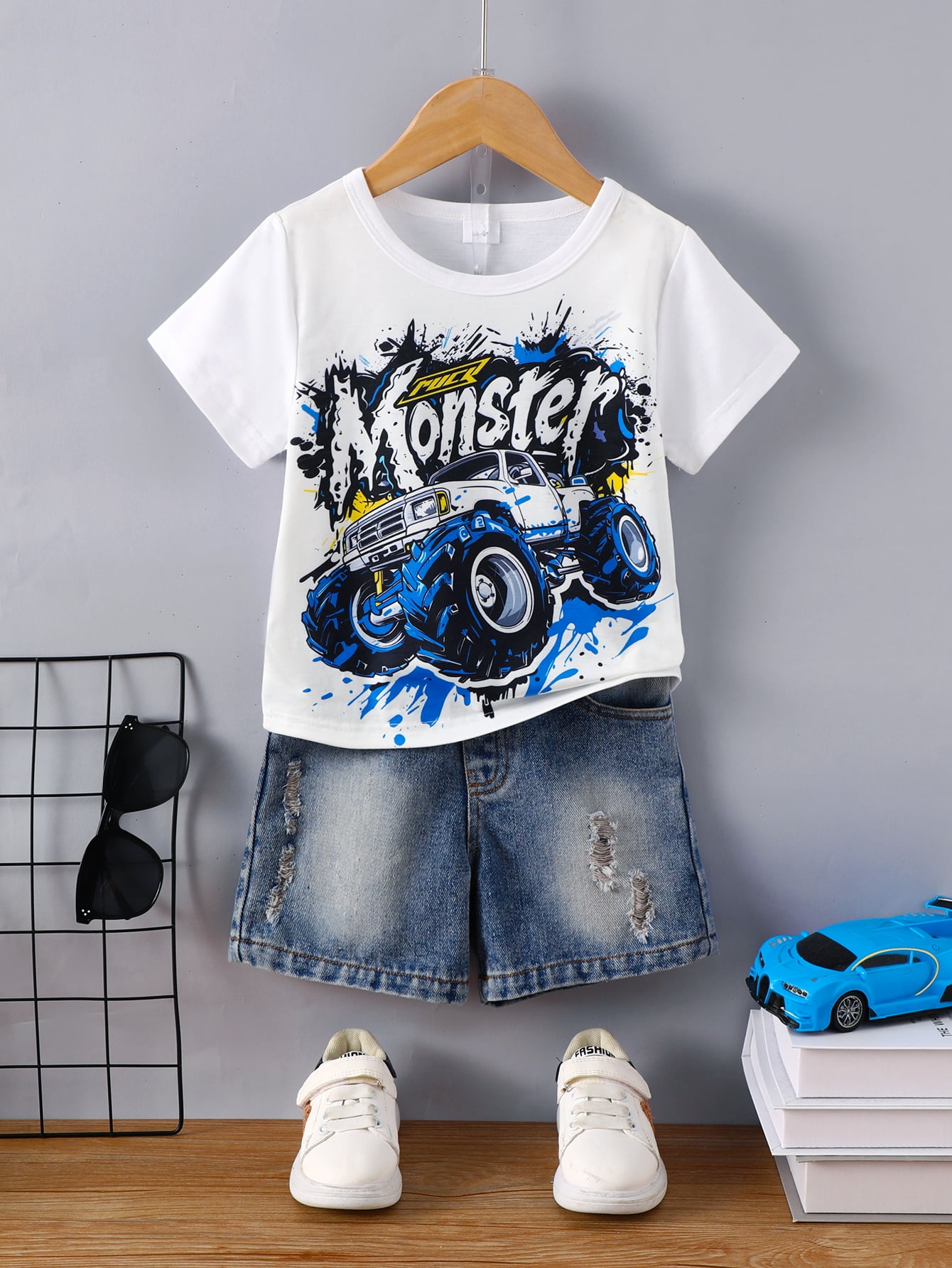 7-8 Years Big Boys Clothes Cool Car Print Graffiti Letter Casual Tee Ripped Jeans Demin Shorts 2Pcs Summer Outfits From 3-8Y White