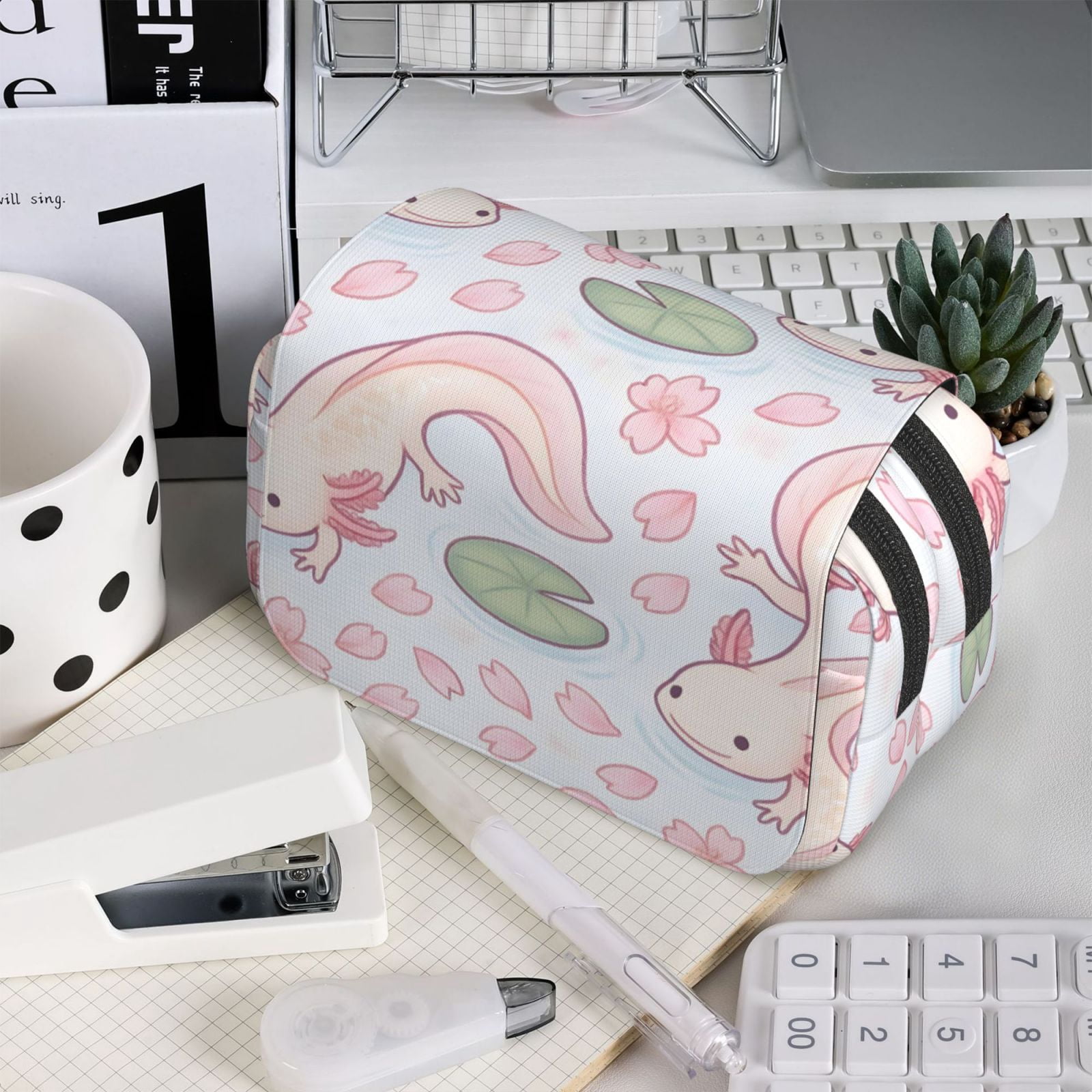 Large-Capacity Flip-Top Double-Layer Pencil Case, Multi-Functional Pocket Pen Case, Durable Stationery Organizer Sakura Pond Axolotls - Japanese Pastel