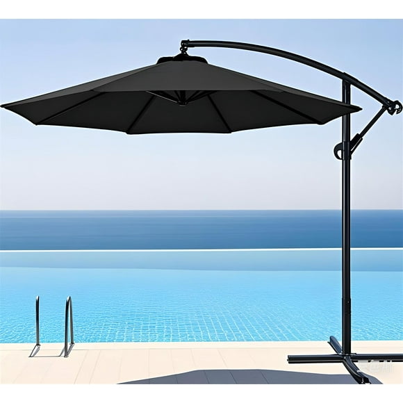 10Ft Offset Patio Umbrella with Cross Base and Crank, 8 Ribs Outdoor Cantilever Hanging Umbrellas, Market Umbrella Banana Shape Sunshade