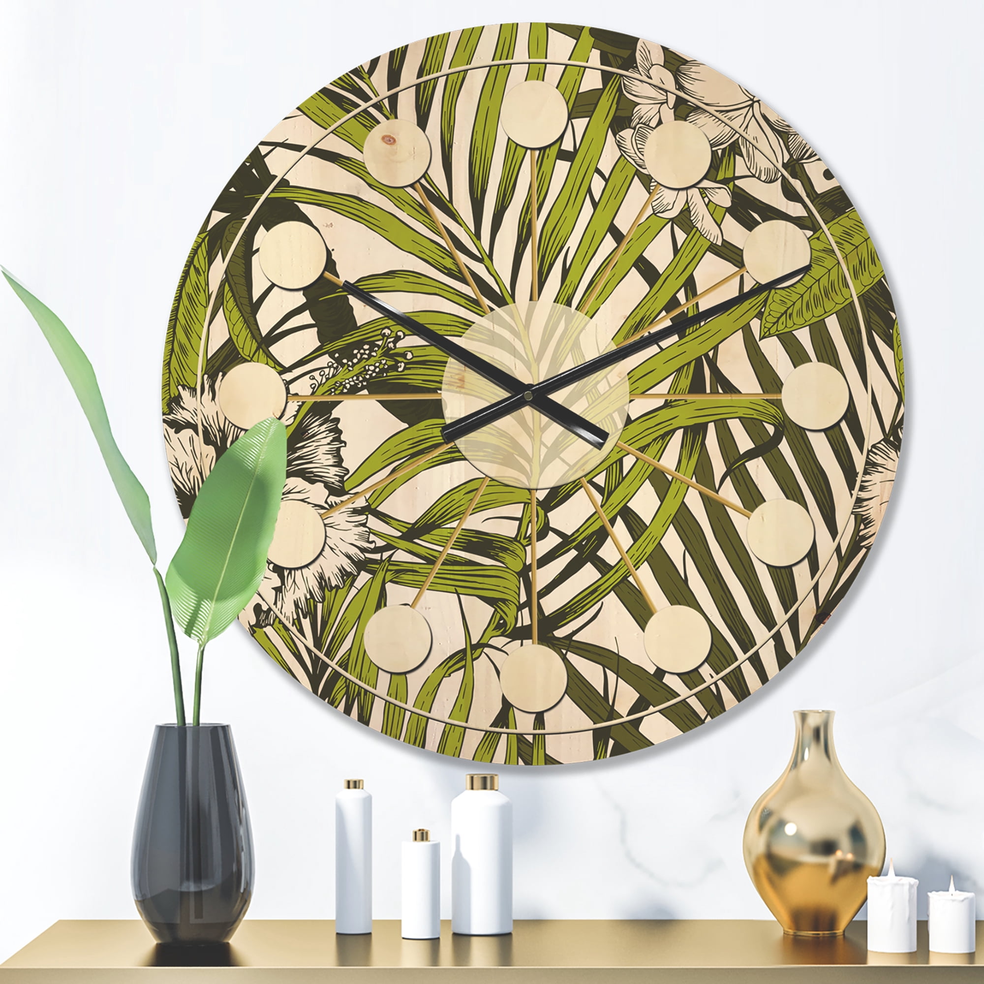 Designart 'Palm Tropical Leaves I' Mid-Century Modern Wood Wall Clock