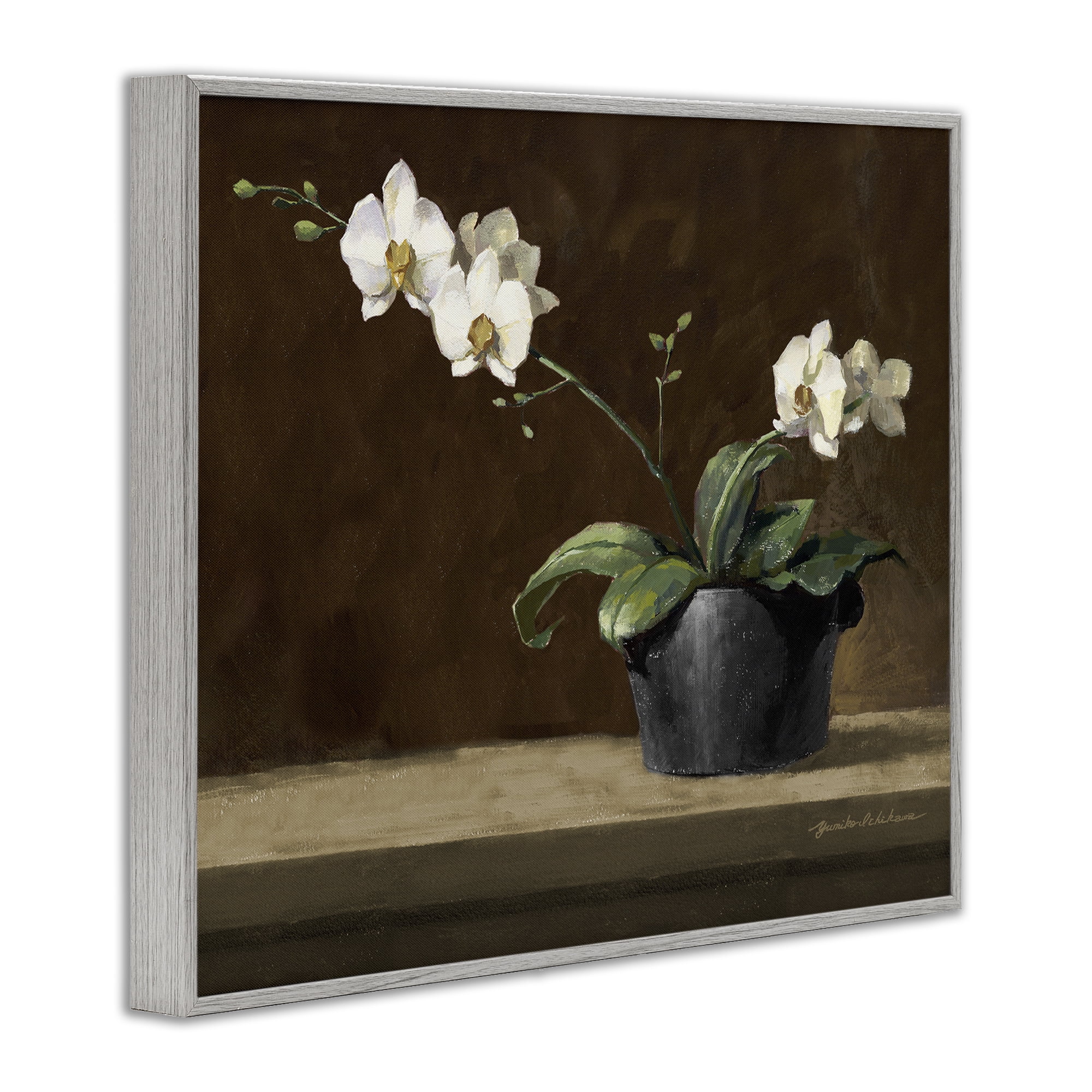 Stupell Industries Potted White Orchid on Ledge Gray Framed Giclee Art, design by Yumiko Ichikawa