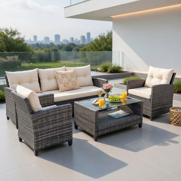 GVN 4 Pieces Patio Rattan Furniture Set with Cushion and Table Shelf-Off White, Outdoor Sofa Sectional for Patio Back Deck, Balcany, Poolside
