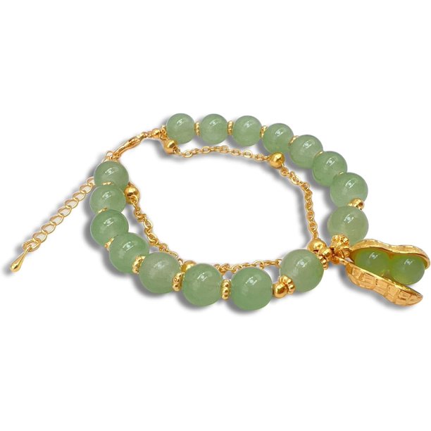 Hotan Pulsera de Hoja de Jade Pulsera de Jade de nefrita Verde Natural de 2 Capas para Mujer Diseño de Cuentas Redondas con Pulsera con dijes de Hoja de circón, Pulsera de Jade de la Suerte