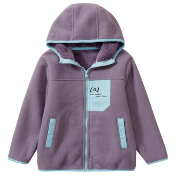 Kids Fall Winter Jackets Hooded Front Zip Print Patchwork Fleece Liner Outwear Thermal Casual Coat With Pockets (14 Years, Purple)