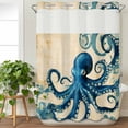 thumbnail image 3 of Vintage Blue Octopus No Hook Shower Curtain Waterproof, Bathroom Curtains with Snap in Liners and See Through Top Window, Summer Coastal Ocean Wave Hotel Style Bathtub Curtains Shower 48"Wx72"L, 3 of 8