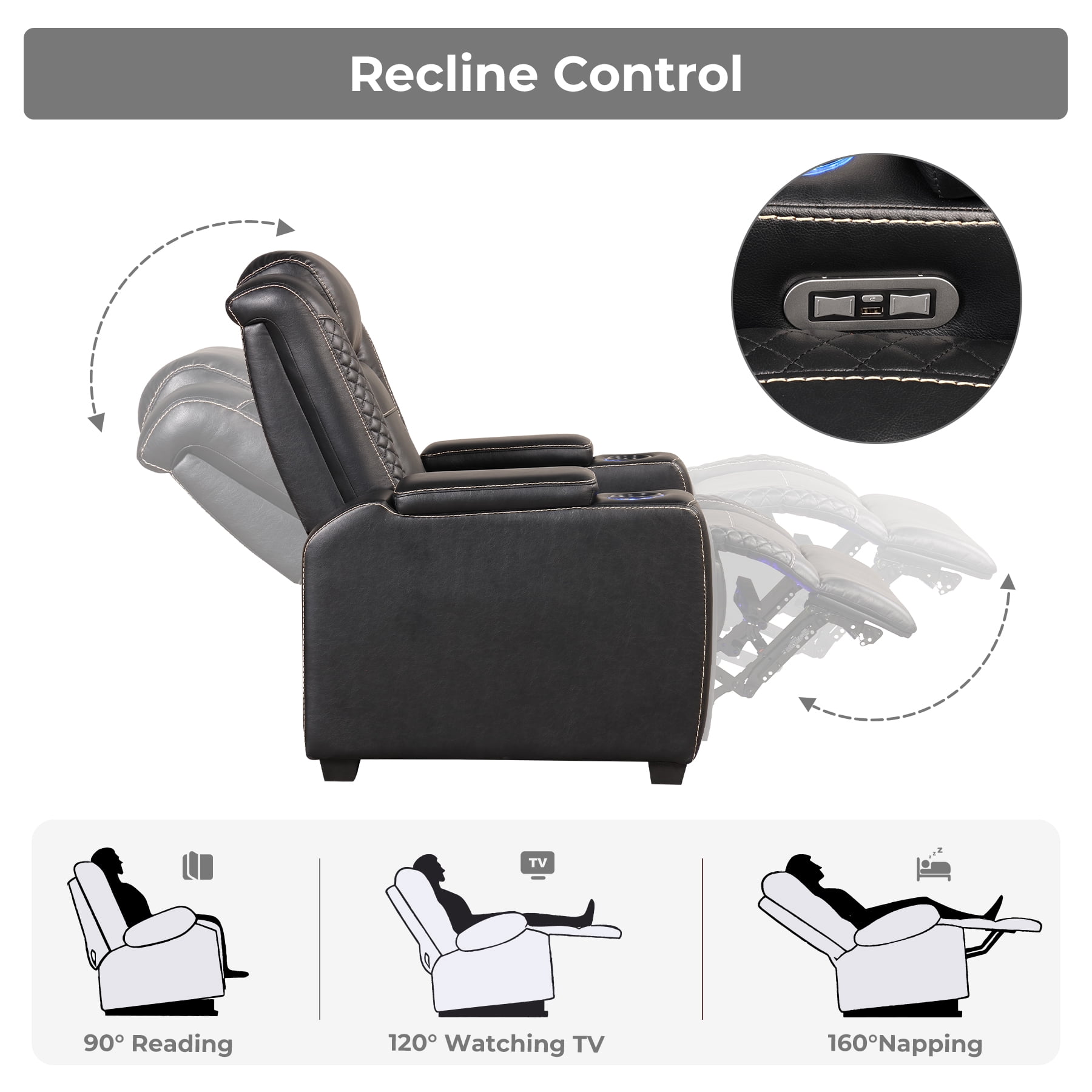 Bonzy Home Power Controlled Electric Recliner with Adjustable Headrest & LED Lighting, USB Ports Cup Holders, Home Theater Seating Reclining Chair, Black