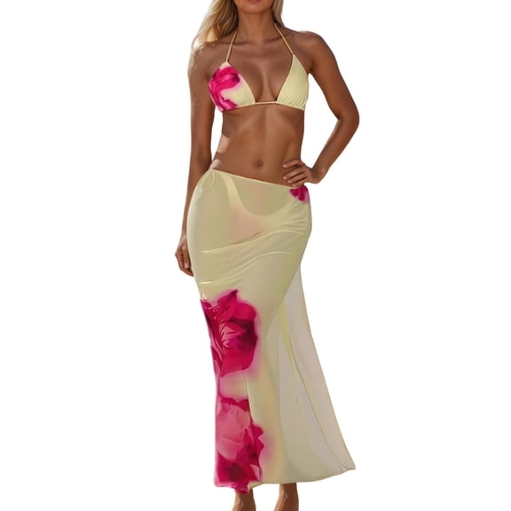 Ticikt Women's 3D Floral Bandeau Tankini Set Summer Swimwear Beach Two Piece Outfit with Cover up for Pool Party