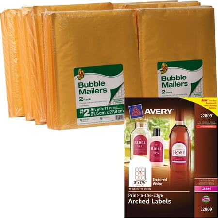 Duck Brand Kraft Bubble Mailers, Manila, 96-Count, 8.5" x 11" and Avery 22809 Print-to-the-Edge Textured White Arched Labels for Laser Printers , 3" x 2-1/4", 90 Labels/Pack Bundle