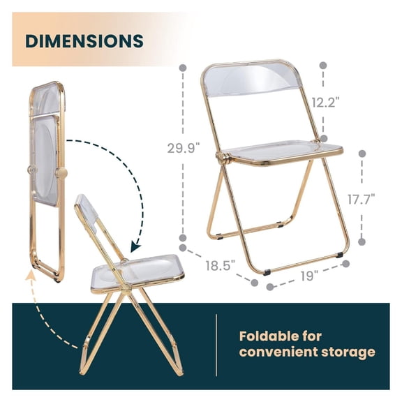 Modern Transparent Acrylic Folding Chair | Desk Chair with Metal Frame | Comfortable, Multiuse Accent Chair, No Assembly Needed, Clear