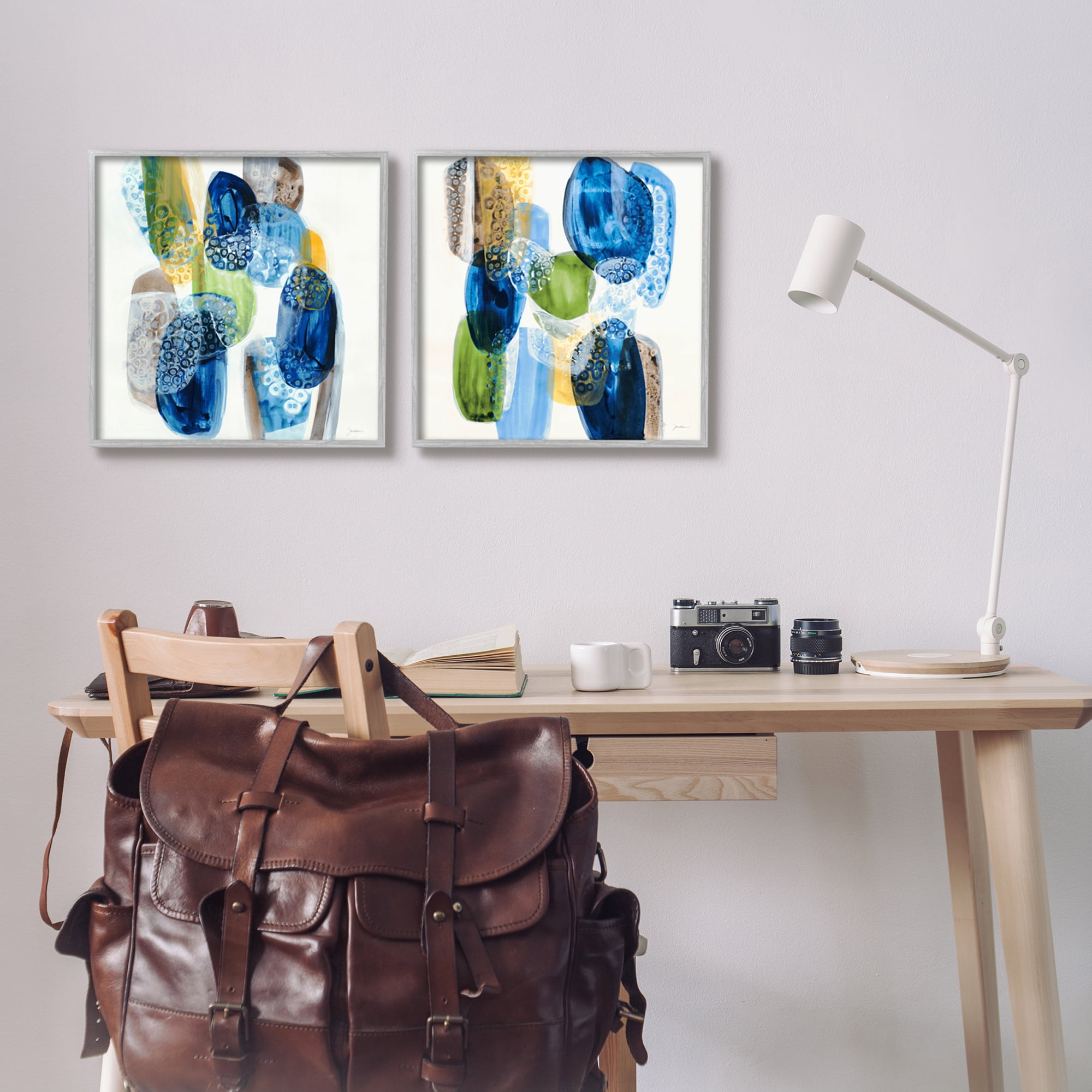 Stupell Industries Abstract Blue Pebbles Abstract Painting Gray Framed Art Print Wall Art, 17 x 17, Set of 2