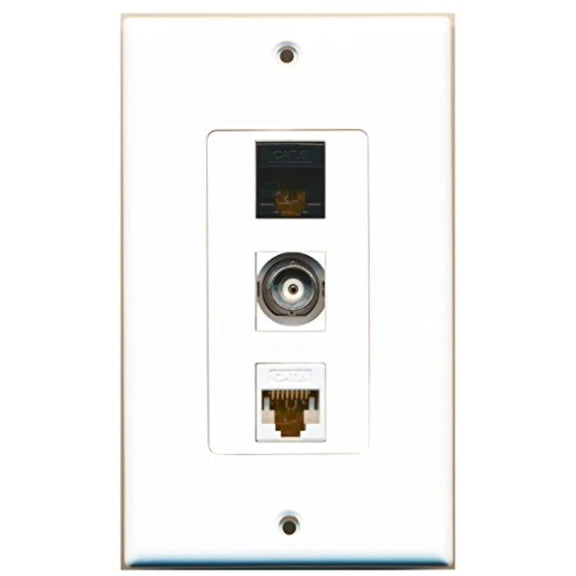 RiteAV - 1 Port BNC and 1 Port Cat6 Ethernet White and 1 Port Cat6 Ethernet Black Decorative Wall Plate Decorative