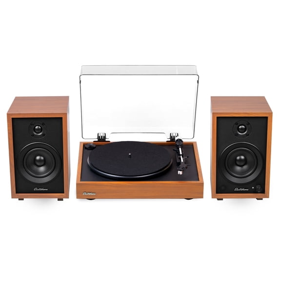 Electrohome Montrose Record Player Stereo System, 4" Bluetooth Powered Bookshelf Speakers, Belt-Drive Turntable with Audio-Technica Stylus, Speed Control Motor, Built-in Preamp, Wood Plinth