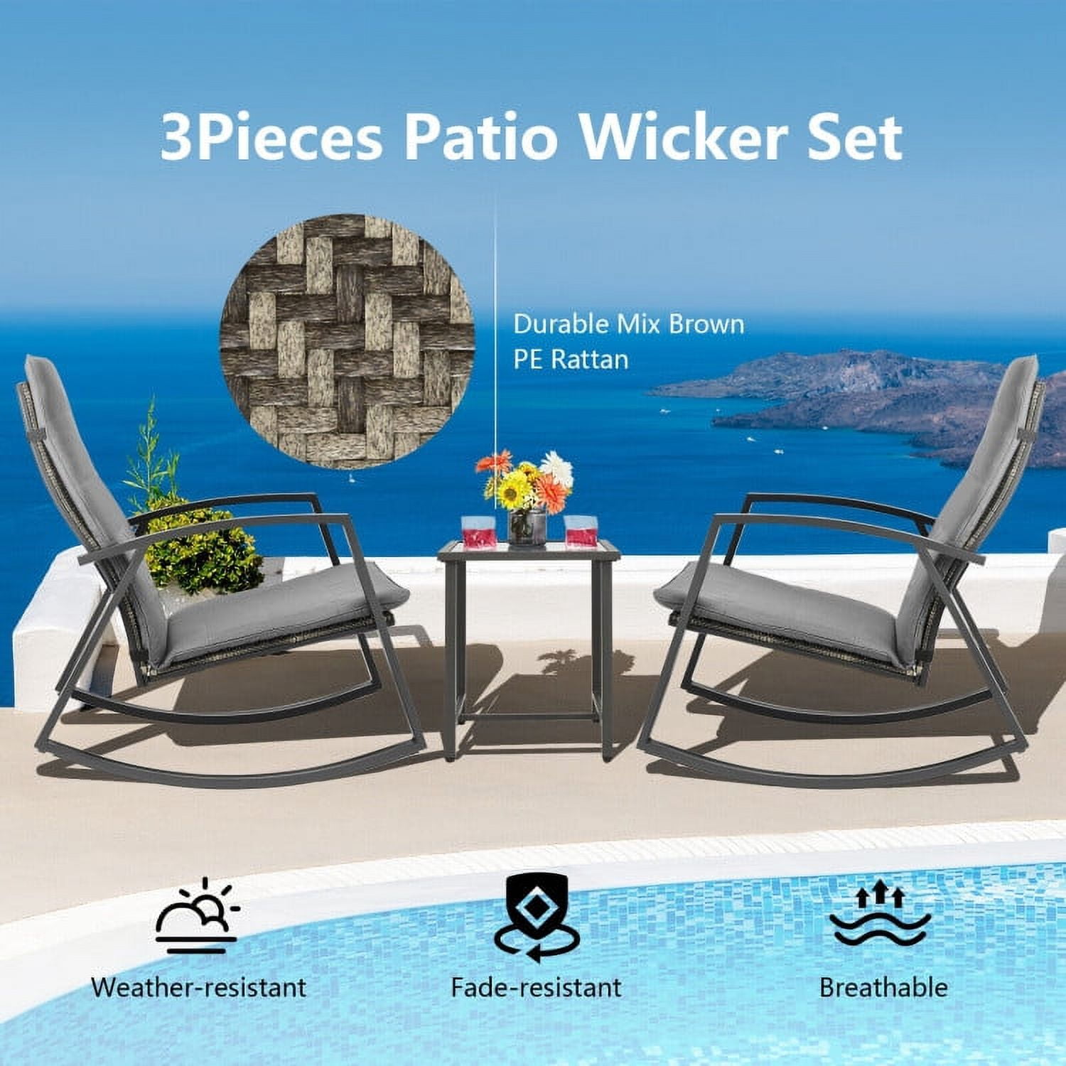 Aimee Lii 3 Pieces Patio Rattan Rocking Furniture Set, Patio Conversation Sets for Backyard and Poolside, Gray Aimee Lii 3 Pieces Patio Rattan Rocking Furniture Set, Patio Conversation Sets for Backyard and Poolside, Gray