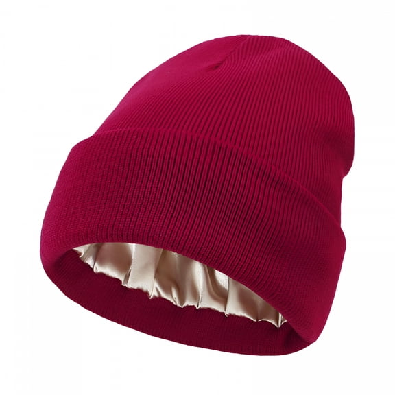 TELOLY Satin Lined Beanie for Women Knit Winter Hats Silk Lined Beanie Cap Warm Beanie Hat Red