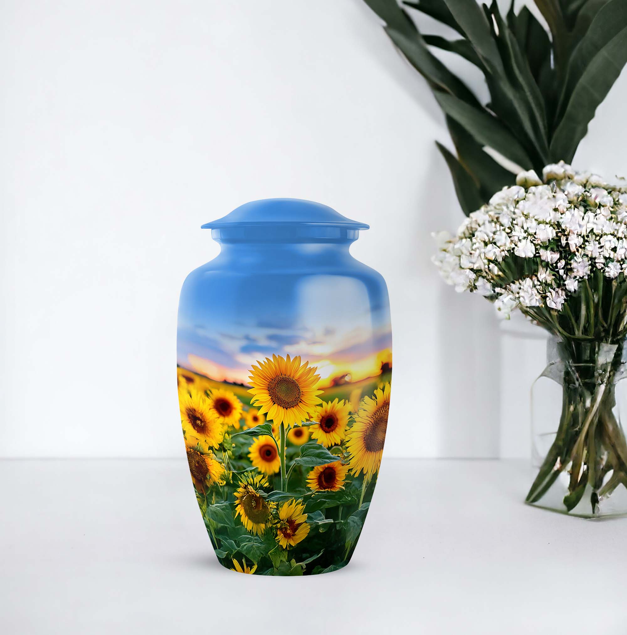 Sunflower Memorial Urn For Adult Women - Keepsake Urns For Human Ashes Adult Man - 10 Inch Funeral Cremation Urns For Mom, Blue Urn For Human Ashes For Female Set Of 4, 3 Inch Small