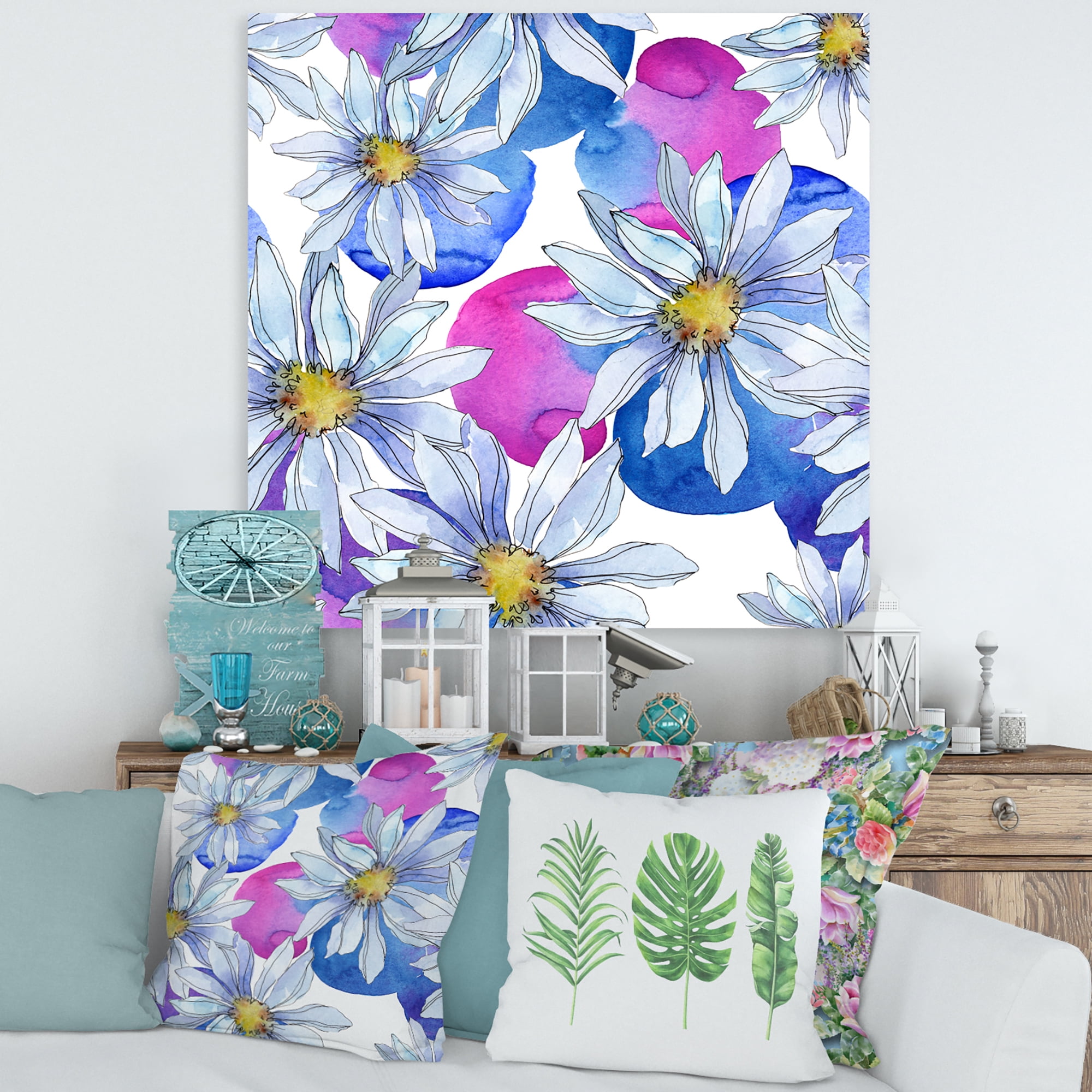 Designart ' Daisies On Red and Blue Backgorund ' Traditional Canvas Wall Art Print