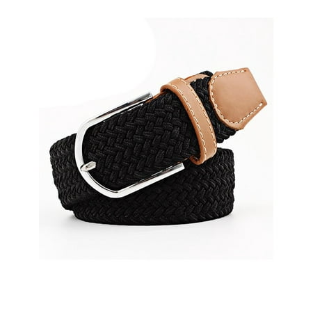 Belt Buckle End JVOGGY Unisex Braided Elastic Stretch Belt Leather Tipped End and Silver Metal Buckle ()