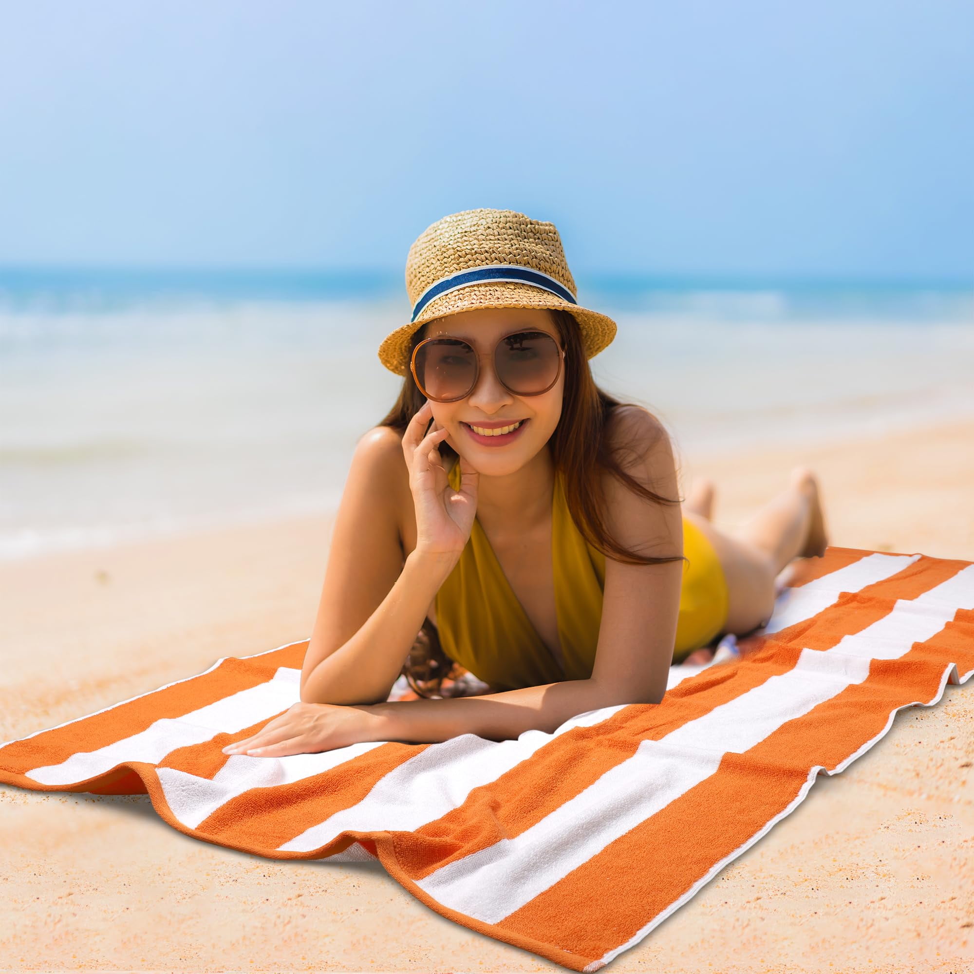ESSELL 24/7 Oversized Cabana Stripe 4 Piece Beach Towel Set, 100% Cotton, Quick Dry, High Absorbent Bath Towel, (30”X60”), Perfect for Pool, Travel, Swim, Parties, Guests - Orange
