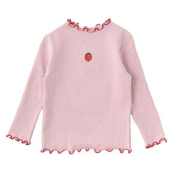 Baby Girls Long Sleeve Cotton Shirt Ruffle Neck and Cuff Cute Strawberry Print Sweatshirt Kids Base Layer Birthday Outfits
