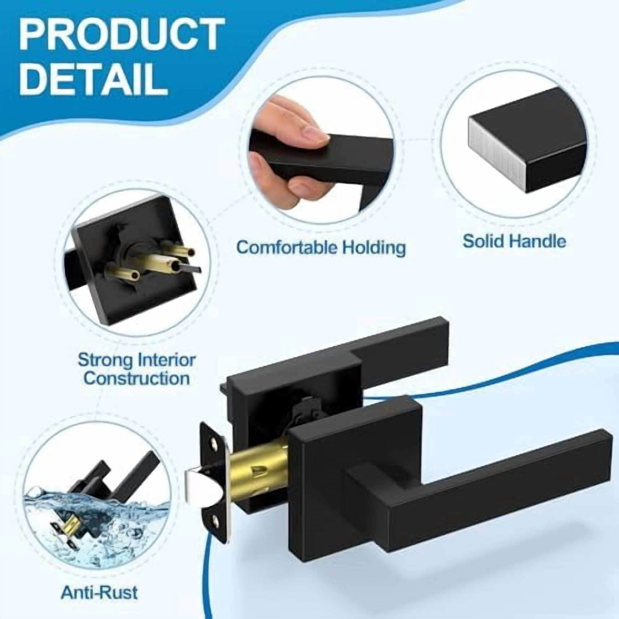 1 Pack Matte Black Door Handles, Passage Door Levers for Hallway & Closet, Interior Keyless Door Knobs Heavy Duty Square Non-Locking Handlesets, Reversible for Left & Right Sided Doors