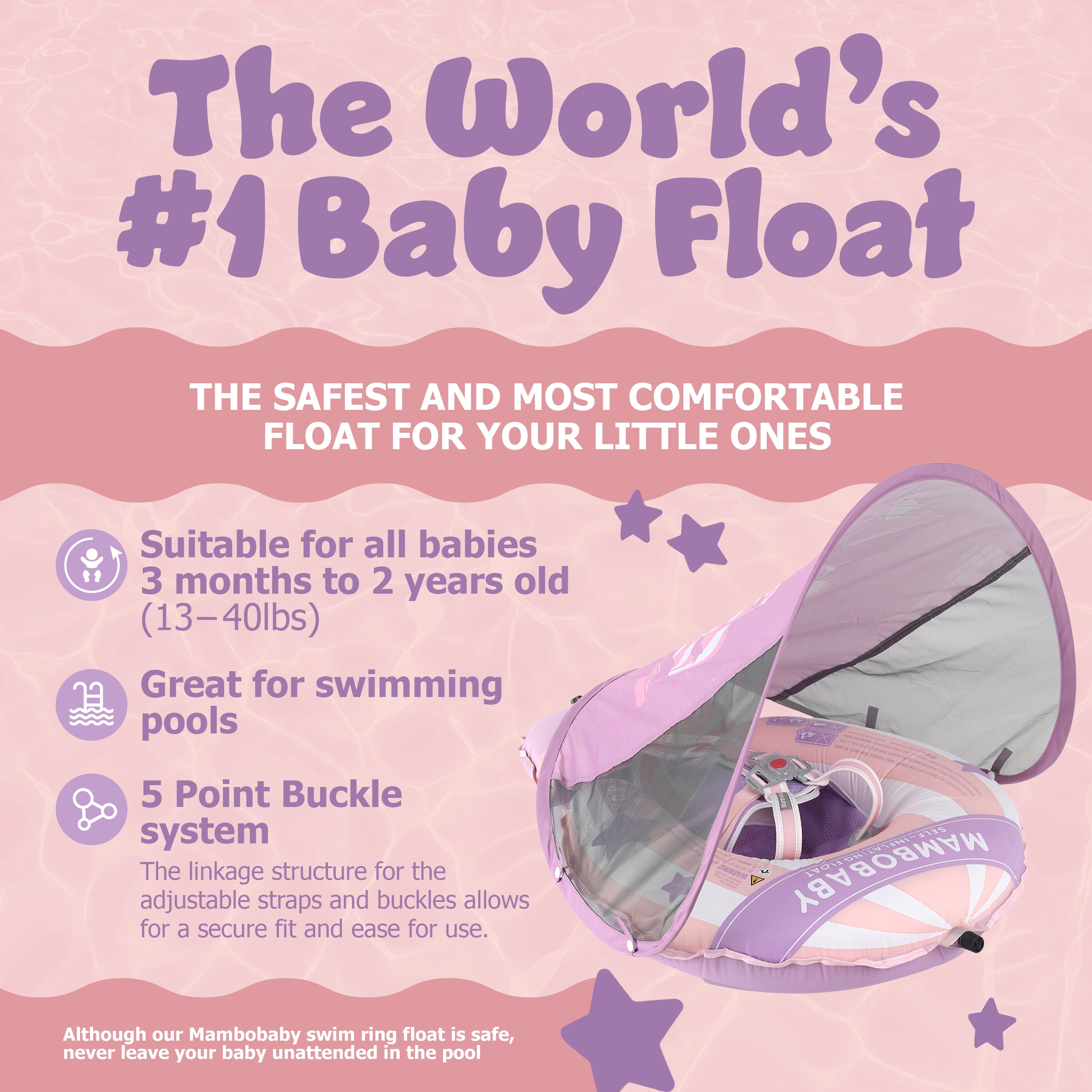 Mambobaby Self Inflating Baby Pool Float with Canopy- Pink