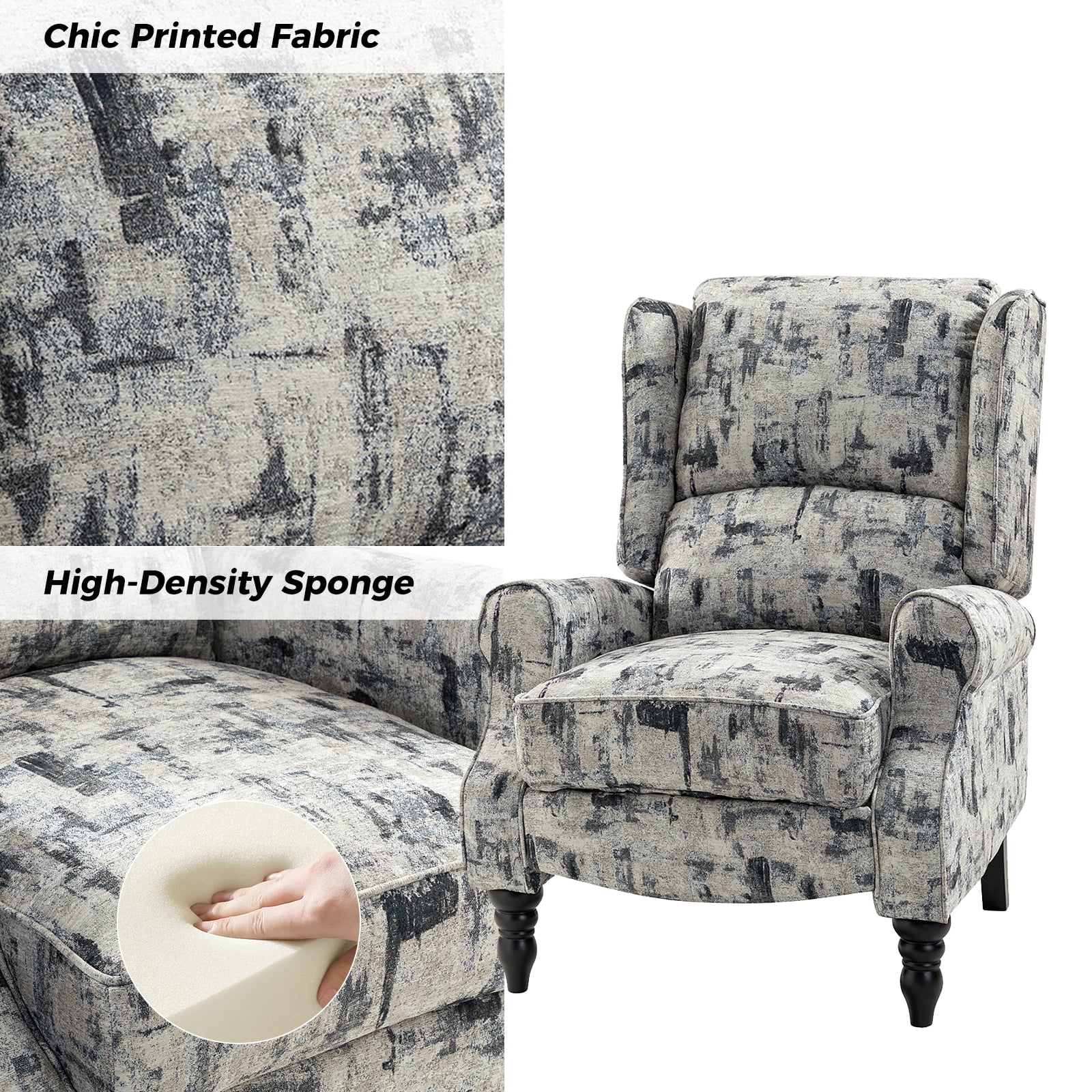 Vintage Floral Wingback Manual Push Back Recliner Chair Set of 2 for Living Room GREENGUARD Certified Grey