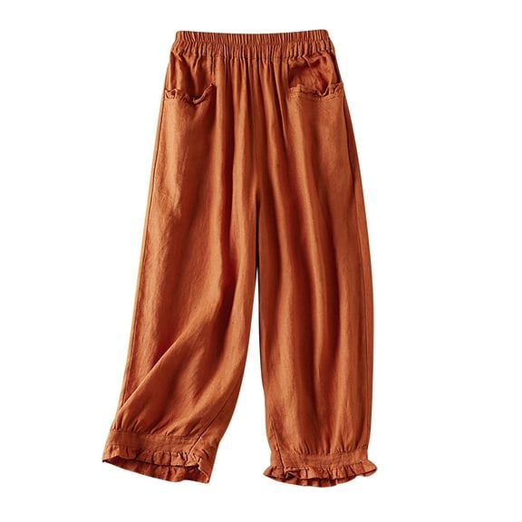 WREESH Womens Wide Leg Pants Solid Color Pocket Cotton Linen Casual Loose Long Pants Orange