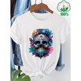 thumbnail image 1 of Halloween T-Shirt - Girl's Skull & Floral Print Short Sleeve T-Shirt - Black Casual Round Neck Tee, Regular Fit for Spring Summer Fall, Machine Washable, Skull T Shirt, Spring Apparel, 1 of 6