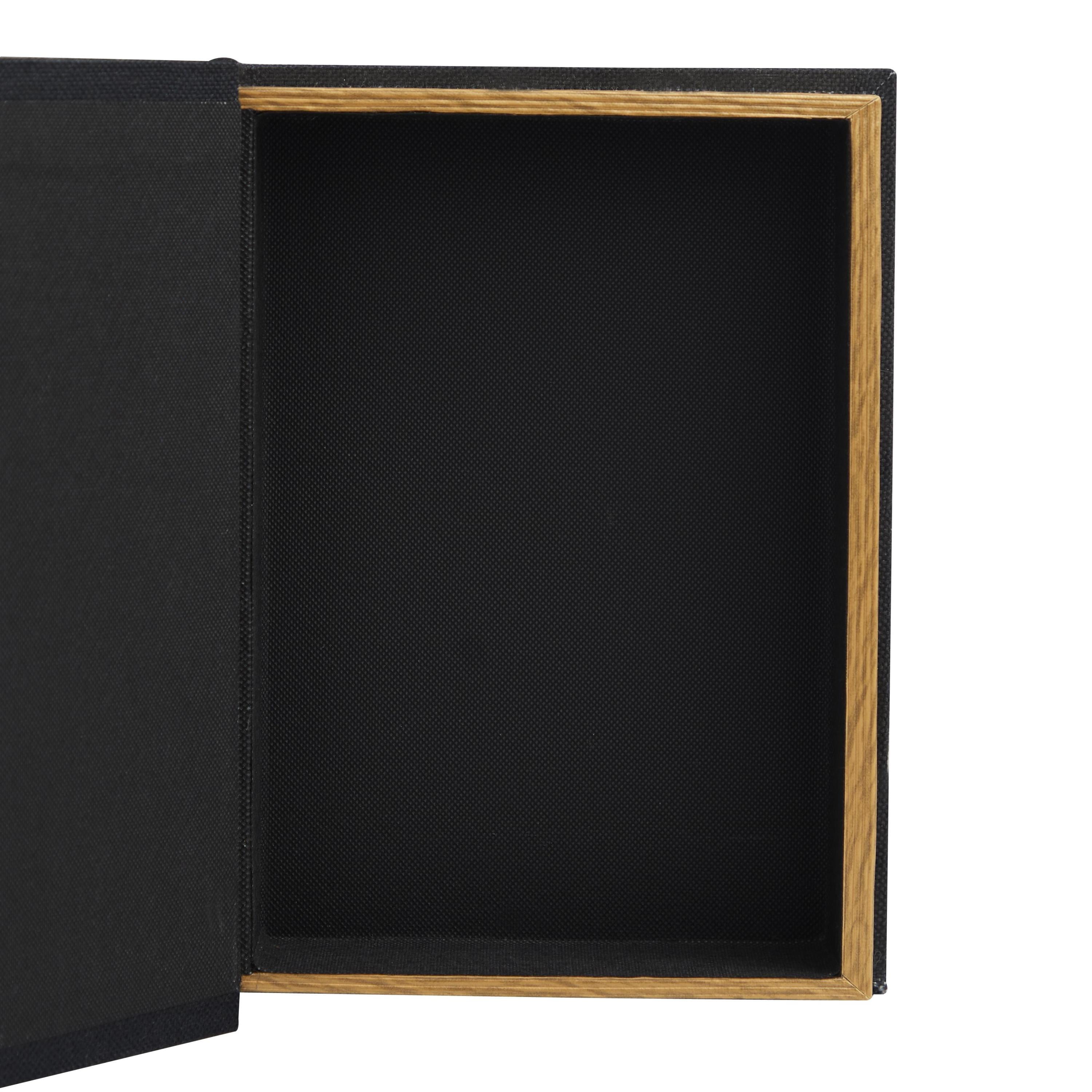 DecMode Storage Book Black Linen Fabric Decorative Box with Typography and Gold Page Inspired Detail, 3 Count