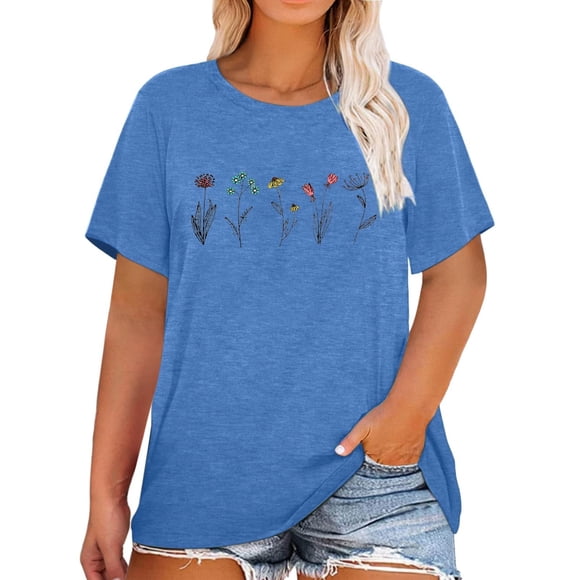 Women's Plus Size Casual Short Sleeve Oversized Graphic Printed T-Shirt Comfortable Flowy Top with Round Neck Design for Everyday Wear