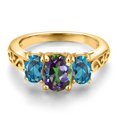 thumbnail image 3 of Gem Stone King 18K Yellow Gold Plated Silver Green Mystic Topaz and London Blue Topaz Filigree Style 3 Stone Ring for Women (2.78 Cttw, Oval 8X6MM and 6X4MM) (Size 7), 3 of 6