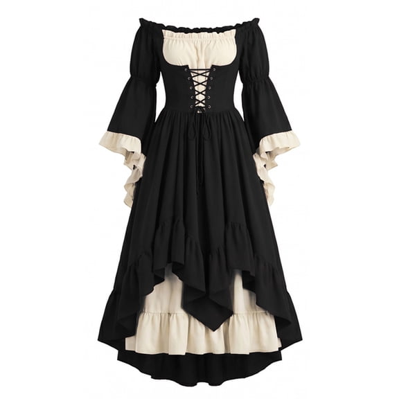 Women’s Renaissance Dress, Victorian Medieval Costume Dress Ruffle Maxi Dresses, Medieval Renaissance Halloween Cosplay Costumes, Black L