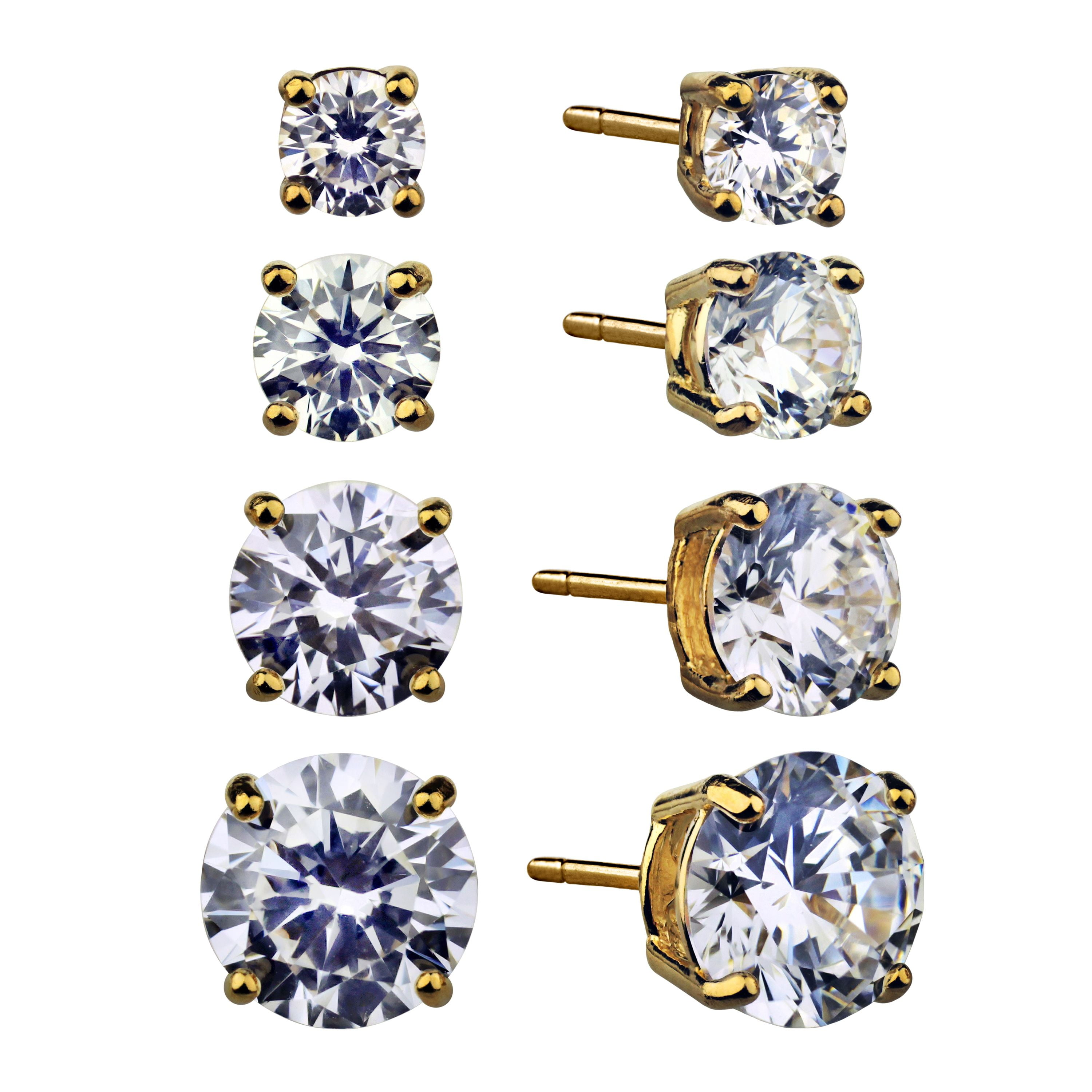 Brilliance Fine Jewelry Women's Simulated Diamond 4 Pair Round Earring Set in 14KT Gold Plated Sterling Silver