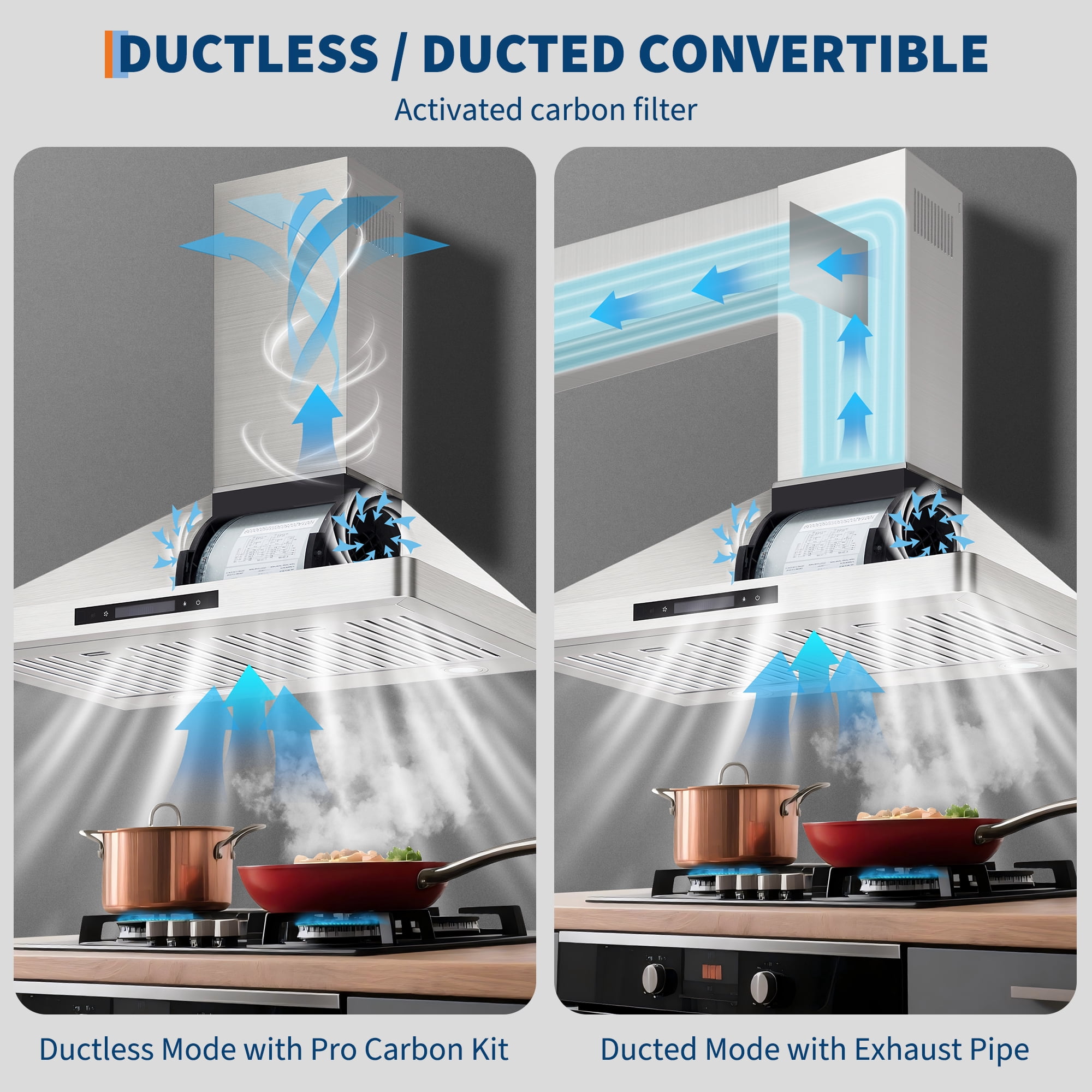 30 Inch Stainless Steel Range Hood, 250 CFM Quiet Operation Touch Control & 3 Speed, Ducted/Ductless Convertible, Five-Tier Aluminum Grease Filters, Adjustable Chimney for Kitchen Vent Hood