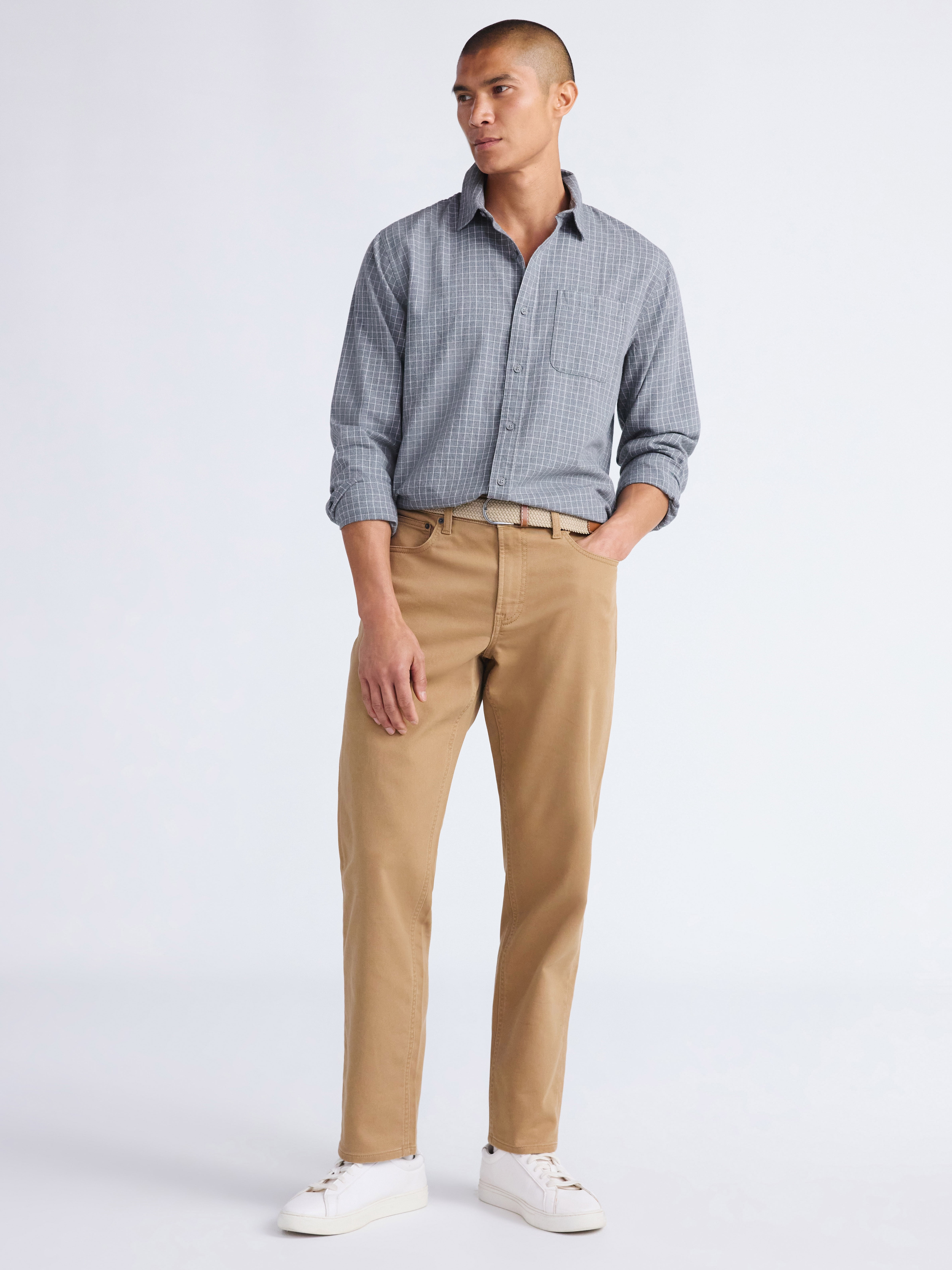 Free Assembly Men's Brushed Cotton Twill Button Front Shirt with Long Sleeves, Sizes XS-3XL