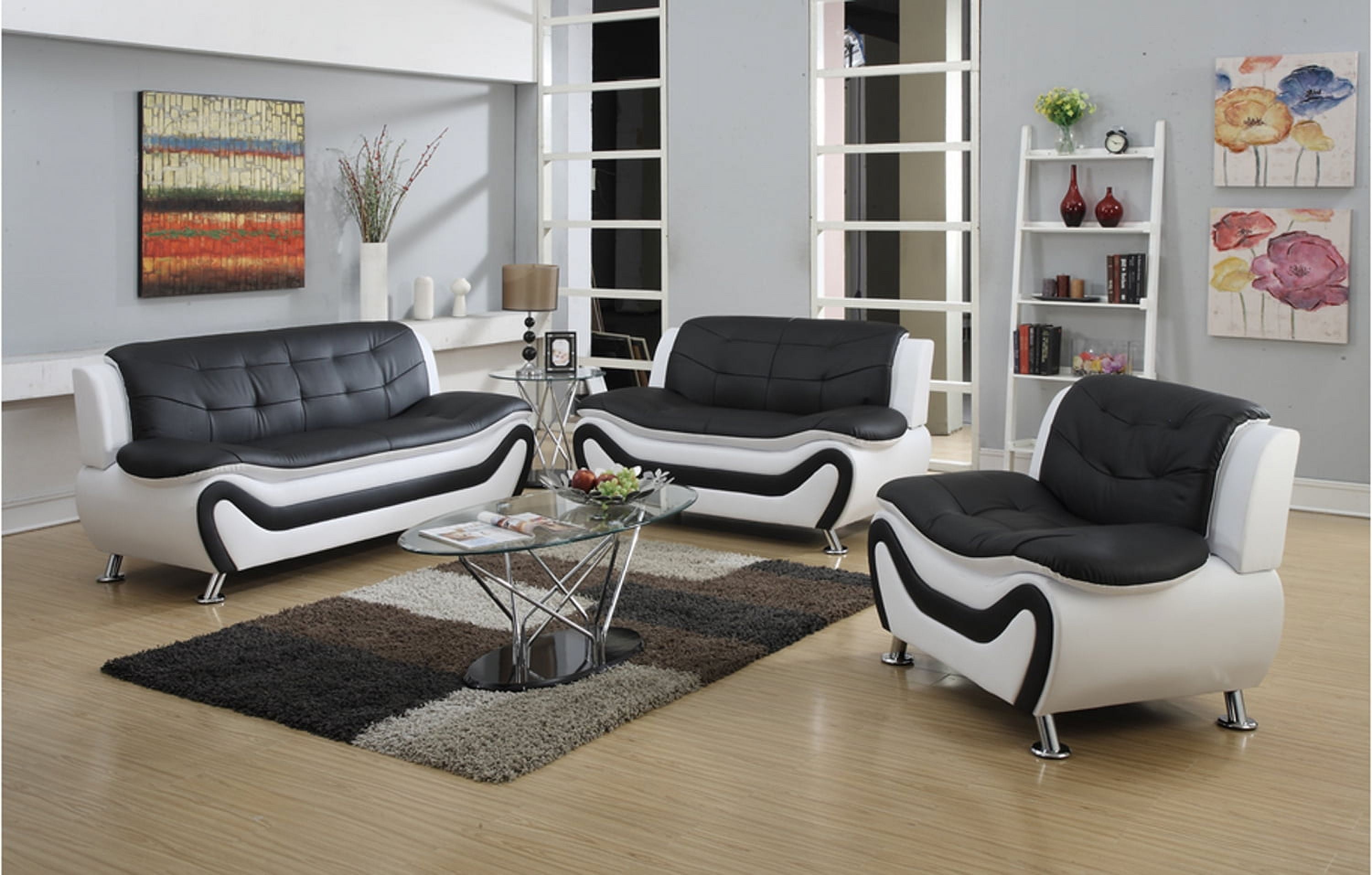 Pon Living 3 Piece Modern Faux Leather Living Room Set Black/White