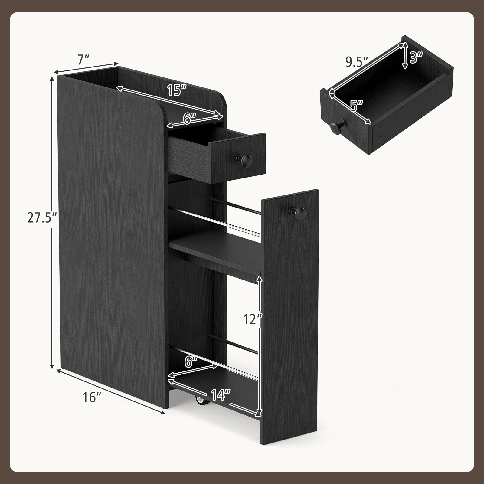 Gymax Slim Storage Cabinet Narrow Bathroom Cabinet w/ Slide Out Drawer & Spacious Top 2 Rolling Wheels Black