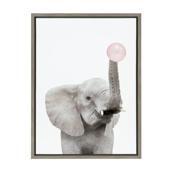 Kate and Laurel Sylvie Bubble Gum Elephant Framed Canvas, Wall Art by Amy Peterson Art Studio, 18x24 Gray, Decorative Zoo Animal Art for Wall