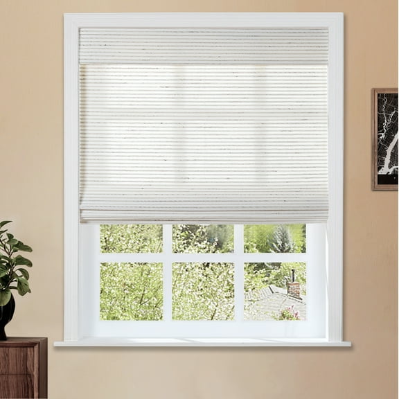 TWOPAGES Woven Bamboo Shade 33"x64" Light Filtering Cordless Ramie Roman Shade Window Treatment, Sand White