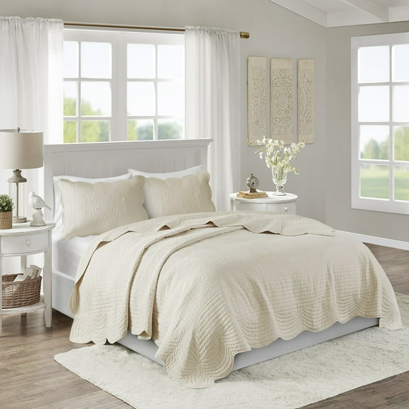 Witaxima Full/Queen Reversible Quilt Set with Sham, Cream Scalloped Edge Microfiber Bedspread, 3 Piece Country Style